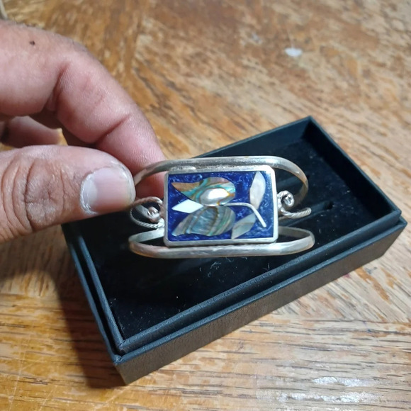 vintage Alpaca Mexico Silver tone bracelet inlaid abalone. Untested metal conten - Picture 1 of 8